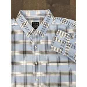 Jos A Bank Signature Mens Button Down Long Sleeve Blue Plaid Dress Shirt Size XL